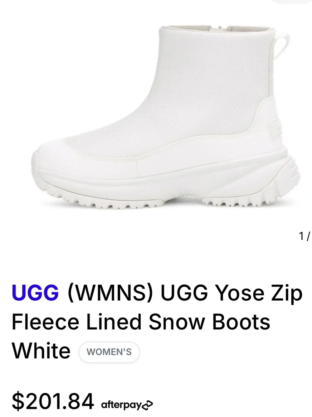 UGG Women's White Yose Zip Fleece Lined Snow Boots Size 7